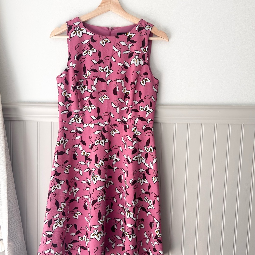 🌸 Ann Taylor Size 0 Pink A-Line Midi Dress – Scoop Neck | Maroon & White Print